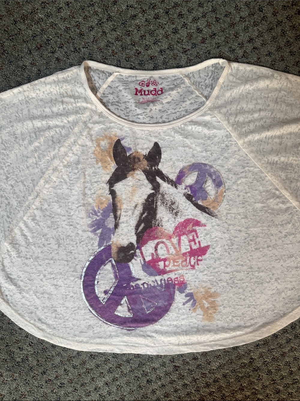 Mudd White Graphic Horse Tee with Pink & Purple Accents Cropped w/ Bat Sleeve